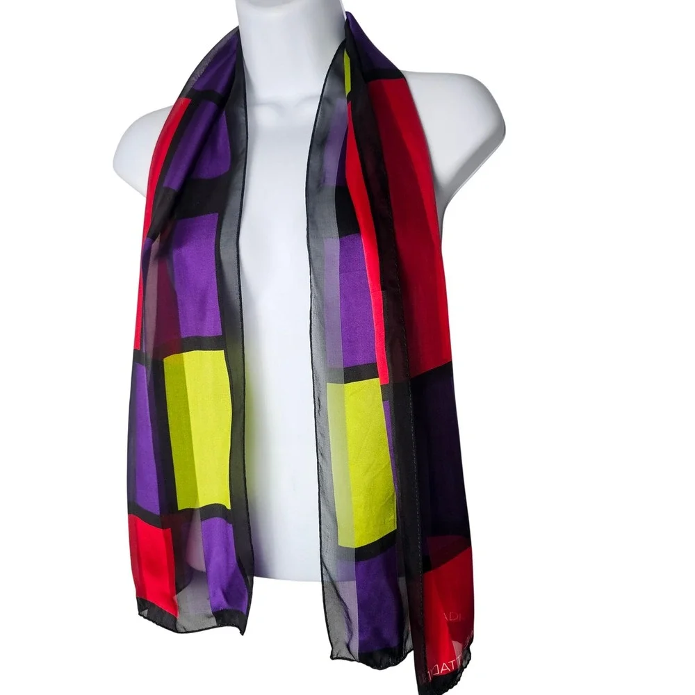 Adrienne Vittadini Scarf Multicolor Geometric Colorblock Sheer Retro Neck Wrap